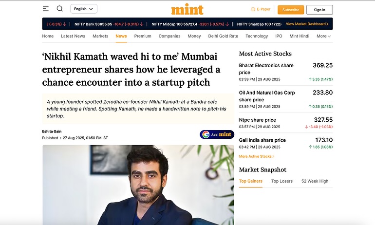 Mint article covering the note to Nikhil Kamath