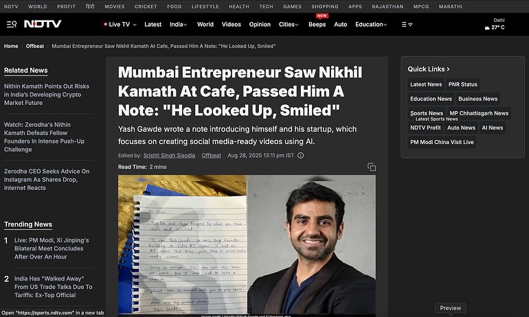 NDTV article covering the note to Nikhil Kamath